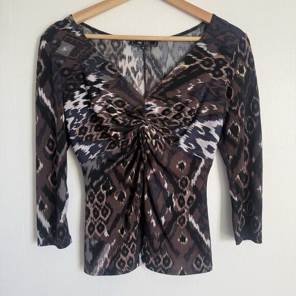 Vintage Y2K LILY Brown Animal Print Top V Neck 3/4 Sleeves Twist Front Stretch S - Picture 3 of 9